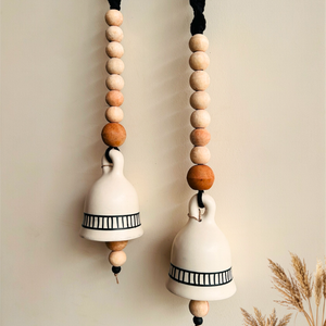 Monochrome Melody | BOHO IVORY Ceramic-Beaded-Macrame Bells | PAIR of bells with a PAIR of ceramic hooks