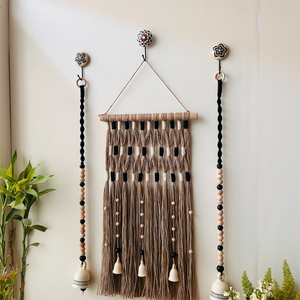 Monochrome Tapestry Wall Set up with ceramic bells and hooks