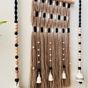 Monochrome Tapestry Wall Set up with ceramic bells and hooks