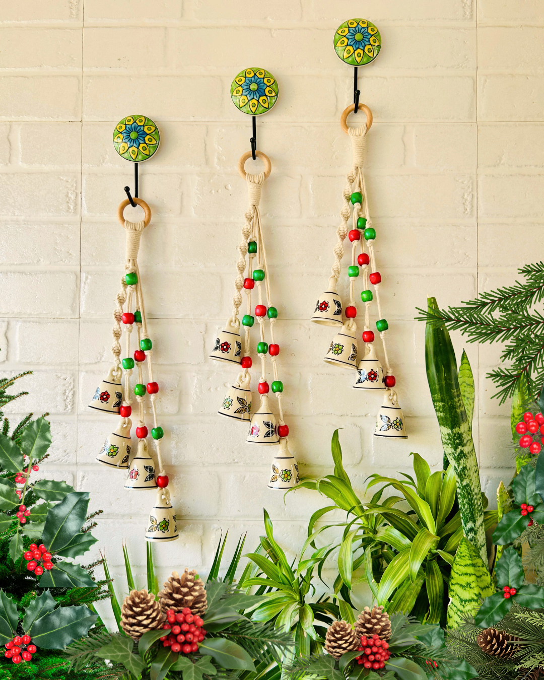 INDIAN ROSE | Floral Symphony Chimes | Bunch of 4 (Small ceramic floral bells with Ceramic Hook