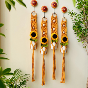 Mac-crochet Collection | Macrame plant hangers with crochet SUNFLOWERS in ceramic bottle vases