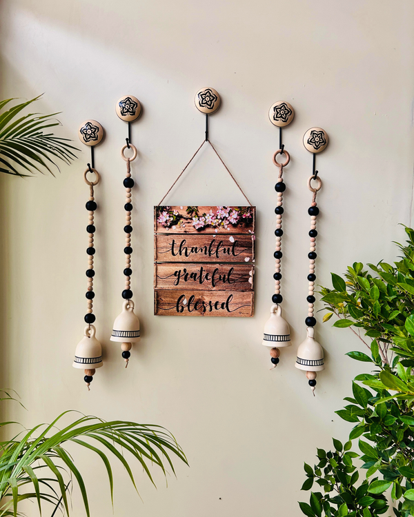 Midnight Rustic Serenity Wall Set with 4 Ceramic Black Beaded Ivory Bells  | Wall Decor