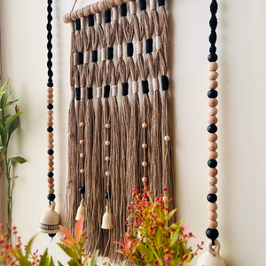 Monochrome Tapestry Wall Set up with ceramic bells and hooks