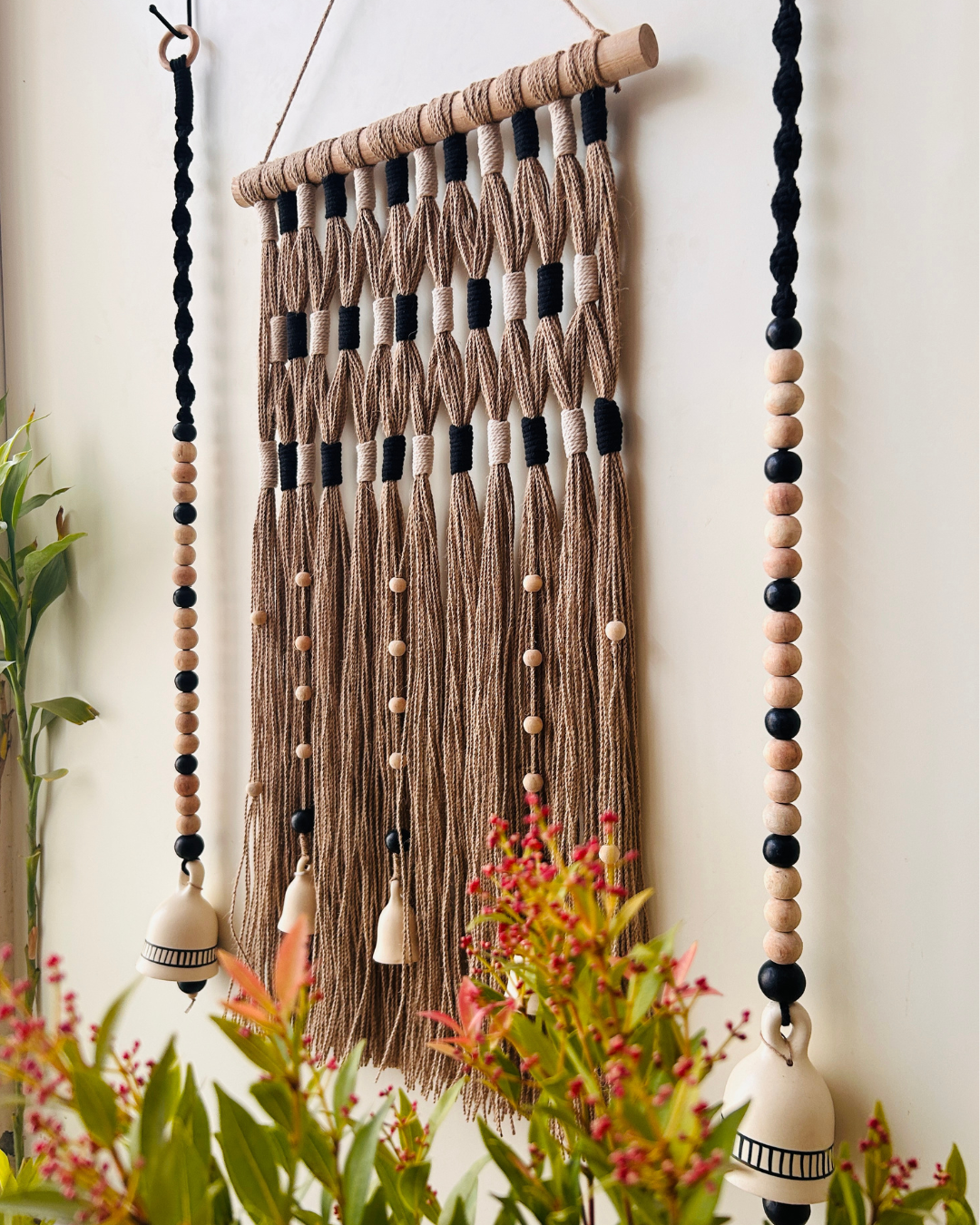 Monochrome Tapestry Wall Set up with ceramic bells and hooks
