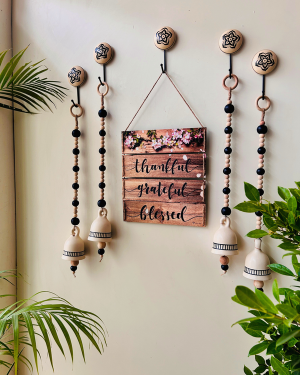 Midnight Rustic Serenity Wall Set with 4 Ceramic Black Beaded Ivory Bells  | Wall Decor