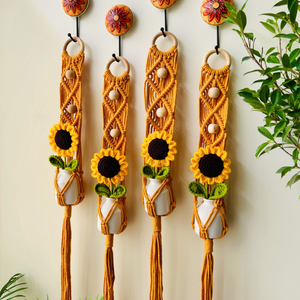 Mac-crochet Collection | Macrame plant hangers with crochet SUNFLOWERS in ceramic bottle vases