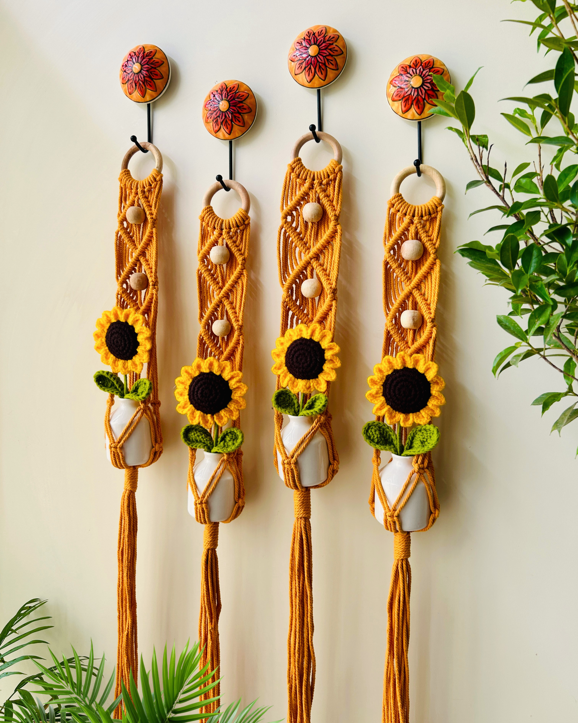 Mac-crochet Collection | Macrame plant hangers with crochet SUNFLOWERS in ceramic bottle vases