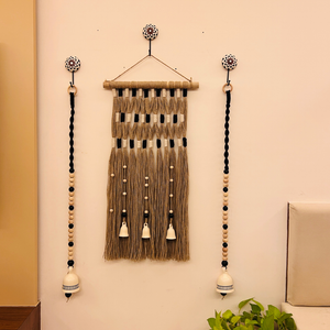 Monochrome Tapestry Wall Set up with ceramic bells and hooks