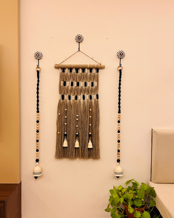 Monochrome Tapestry Wall Set up with ceramic bells and hooks
