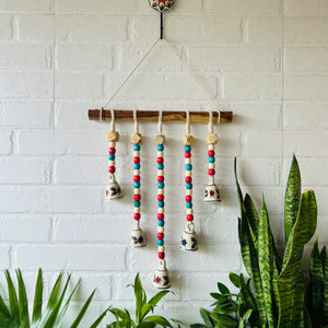 GULMOHAR | Beads and Bells Wall hanging | 5 beaded bells on a wooden dowel with ceramic hook | Handmade Decor