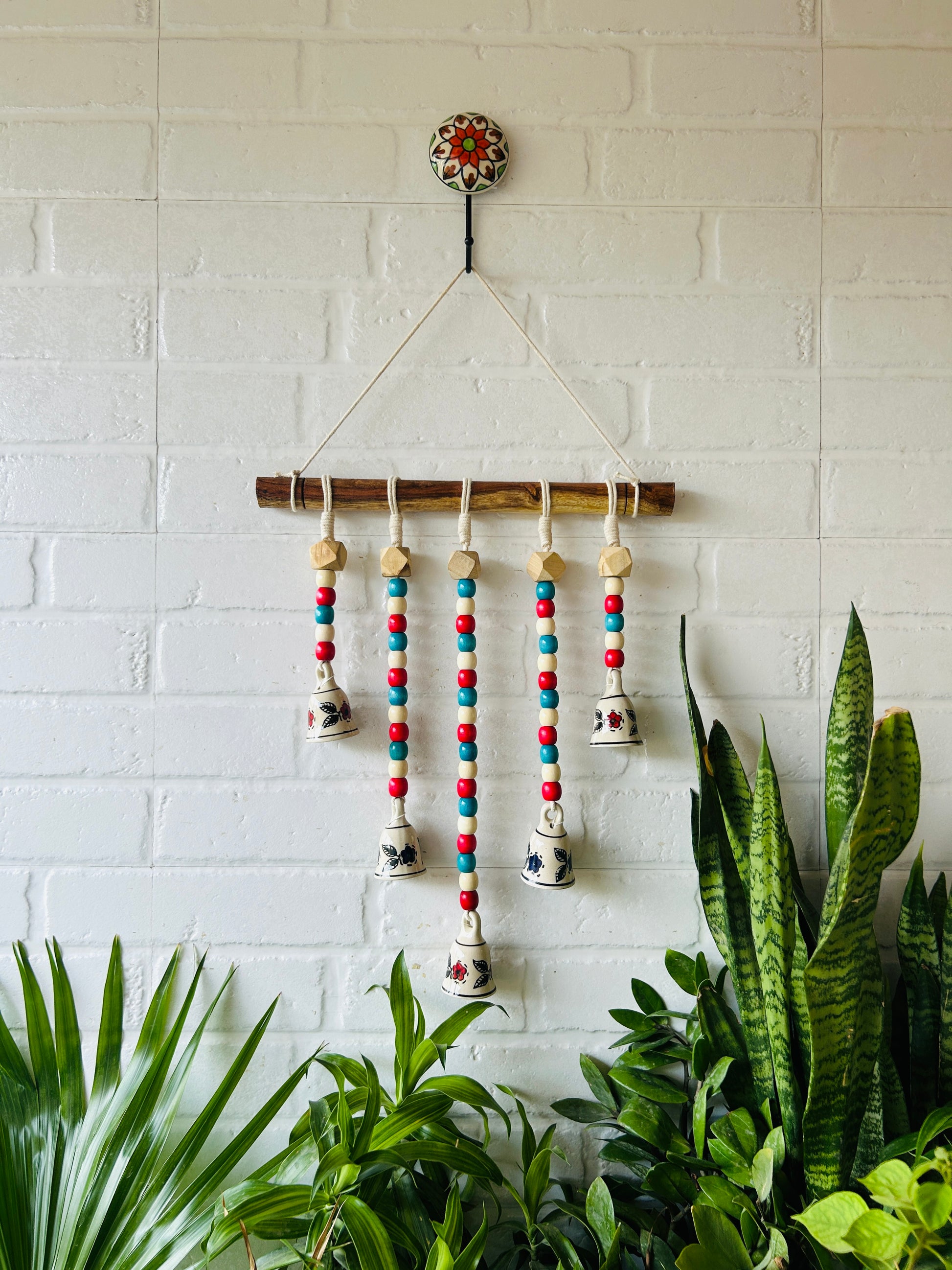 GULMOHAR | Beads and Bells Wall hanging | 5 beaded bells on a wooden dowel with ceramic hook | Handmade Decor
