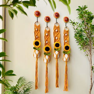 Mac-crochet Collection | Macrame plant hangers with crochet SUNFLOWERS in ceramic bottle vases