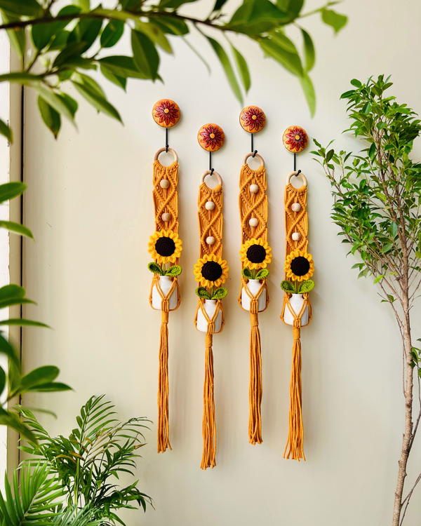 Mac-crochet Collection | Macrame plant hangers with crochet SUNFLOWERS in ceramic bottle vases