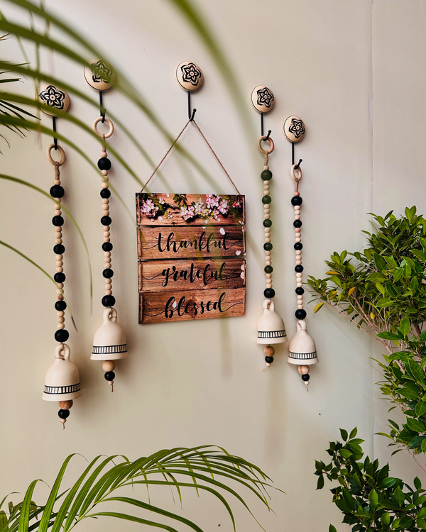 Midnight Rustic Serenity Wall Set with 4 Ceramic Black Beaded Ivory Bells  | Wall Decor