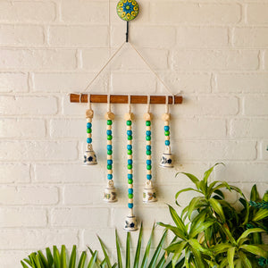 BLUE ORCHID | Beads and Bells Wall hanging | 5 beaded bells on a wooden dowel with ceramic hook | Handmade Decor
