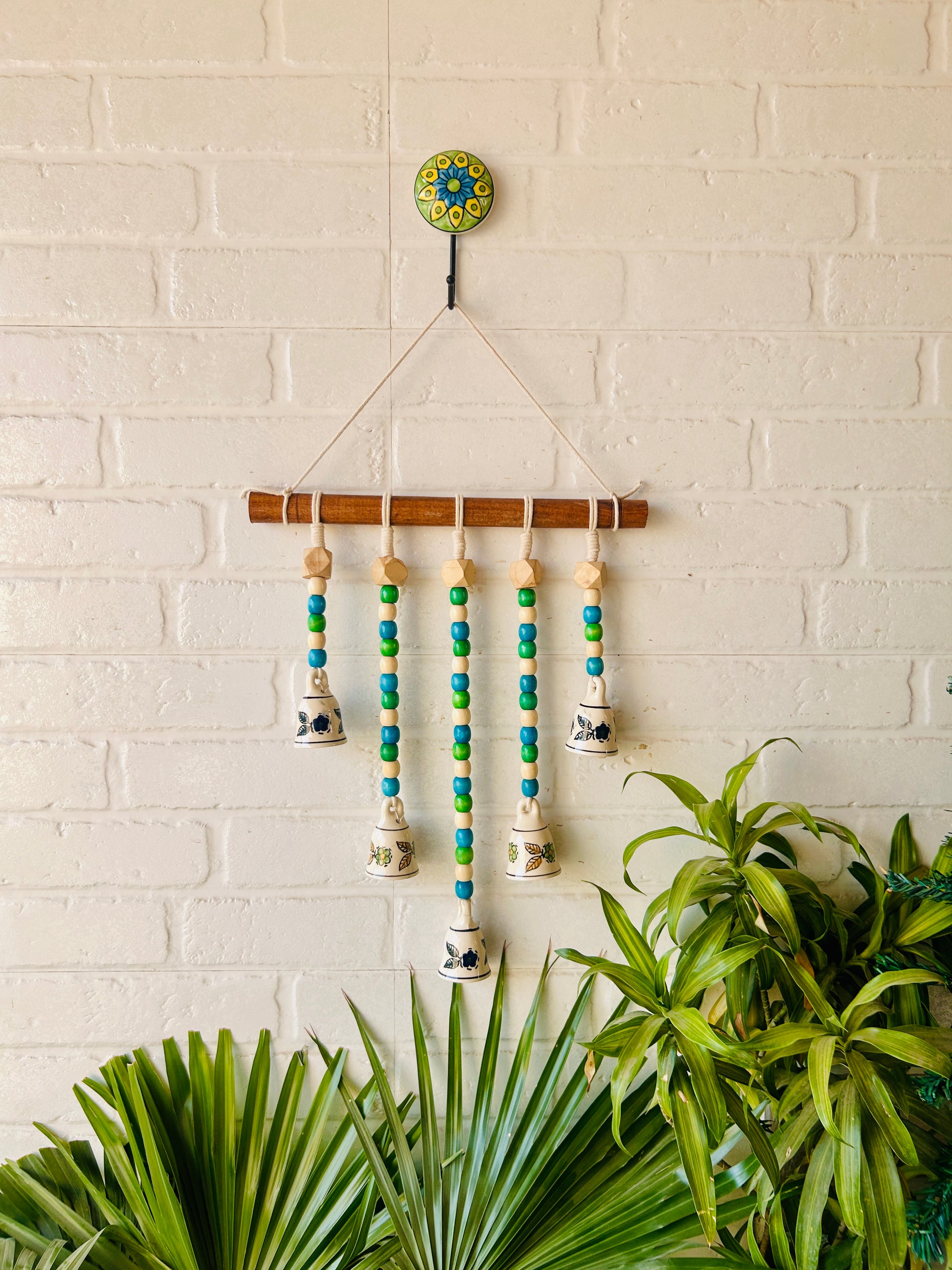 BLUE ORCHID | Beads and Bells Wall hanging | 5 beaded bells on a wooden dowel with ceramic hook | Handmade Decor