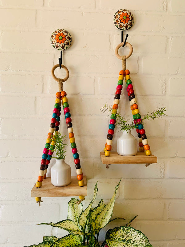 ‘Colorful Beaded’ Mini Wall Shelves with ceramic hooks and white mini ceramic bottles (All sides beaded)