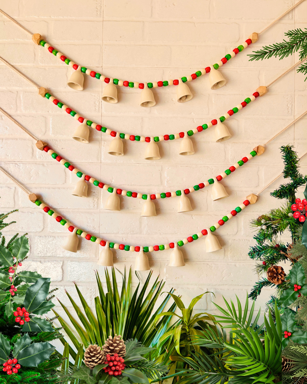 INDIAN ROSE | Handmade Bunting with Small Ceramic Ivory Bells | Beaded Toran for Entrance Decor