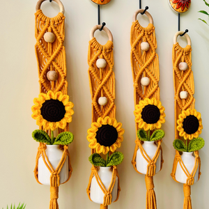 Mac-crochet Collection | Macrame plant hangers with crochet SUNFLOWERS in ceramic bottle vases