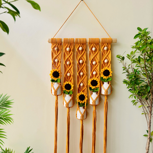 Mac-crochet Collection | Handmade Sunflower Macrame Wall Hanging with hand knitted crochet flowers and ceramic white bottle vases