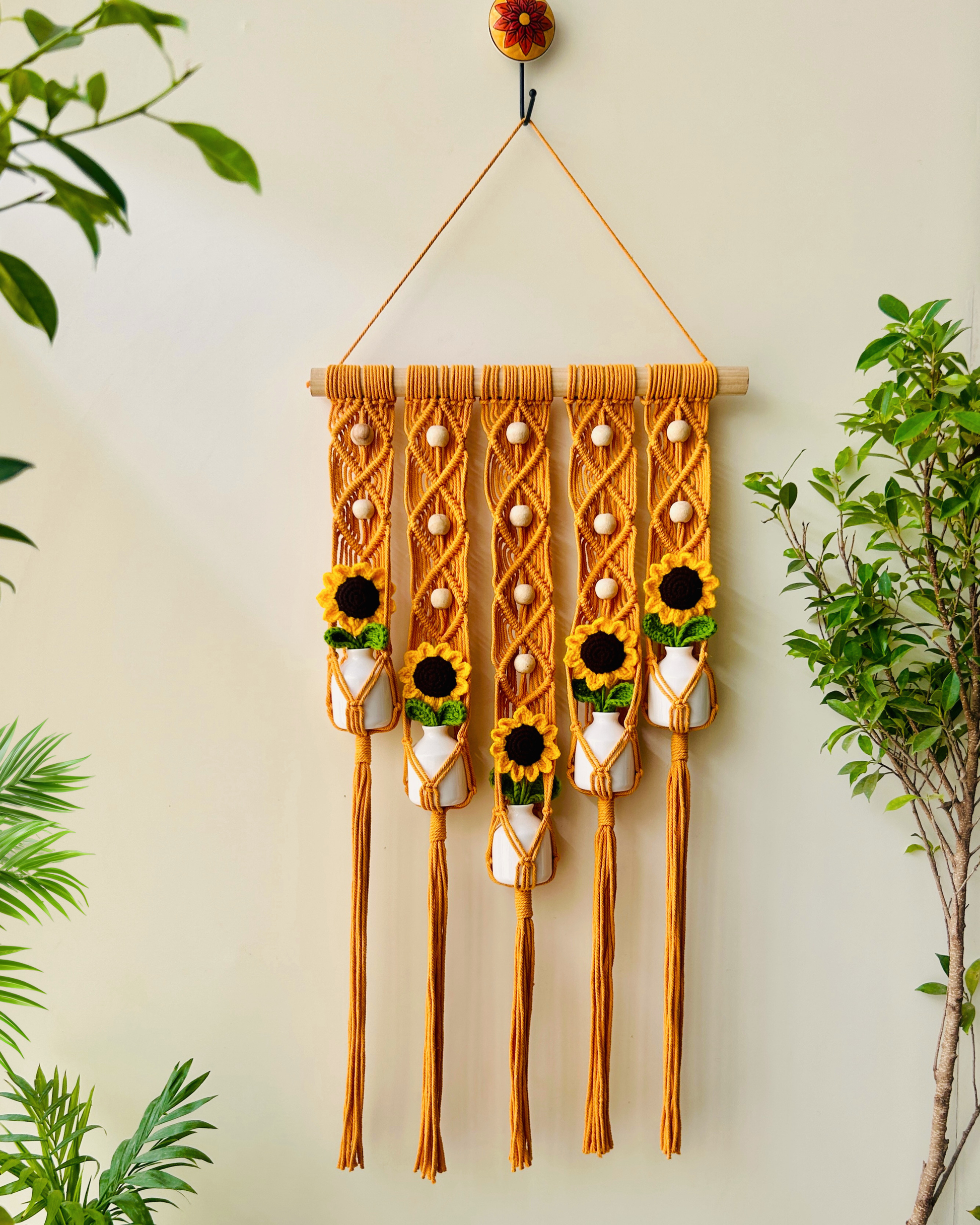 Mac-crochet Collection | Handmade Sunflower Macrame Wall Hanging with hand knitted crochet flowers and ceramic white bottle vases