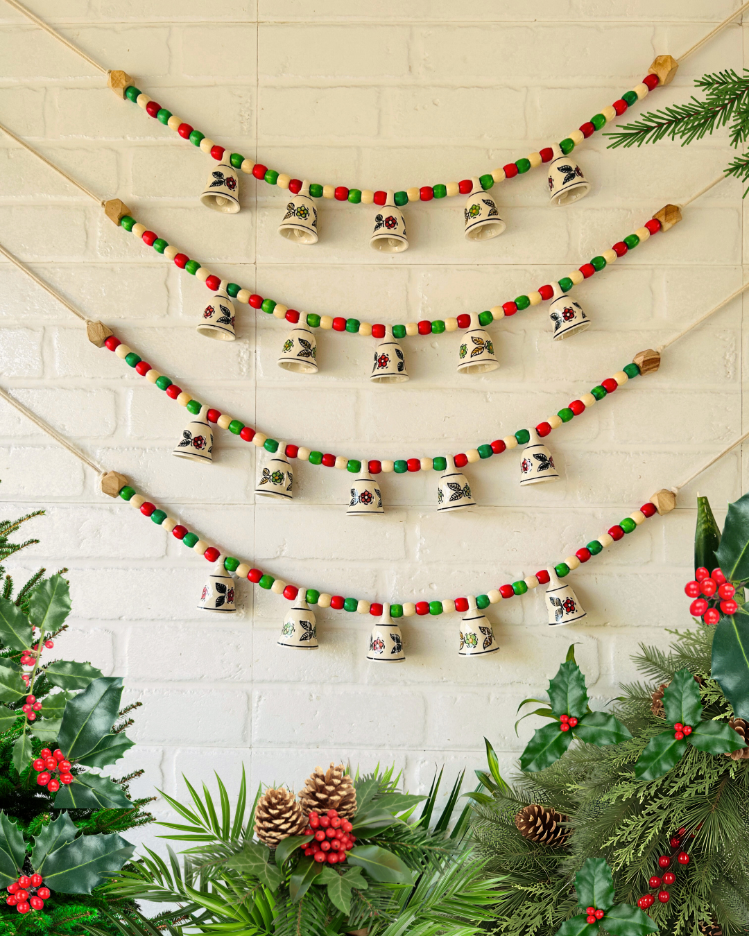 CHRISTMAS EDITION | Handmade Bunting with Small Ceramic Floral Bells | Beaded Toran for Entrance Decor