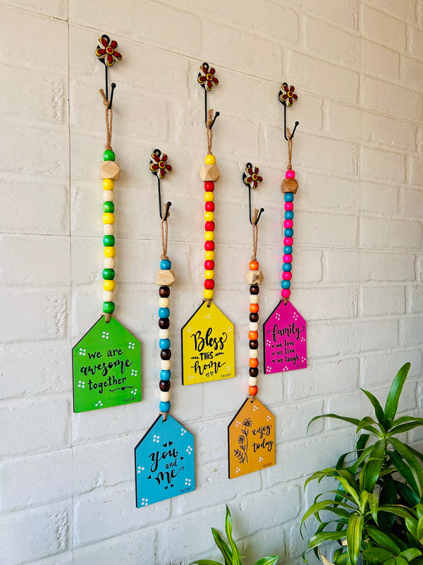 Beaded Wooden Huts with Ceramic Hooks - Set of 5