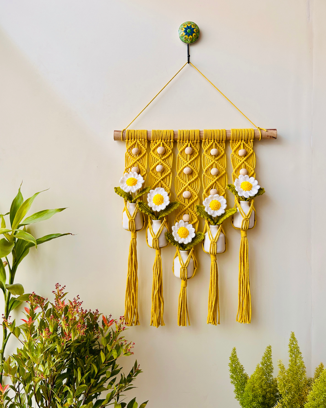 Mac-crochet Collection | Handmade White Daisy Macrame Wall Hanging with hand knitted crochet flowers and ceramic white bottle vases
