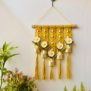 Mac-crochet Collection | Handmade White Daisy Macrame Wall Hanging with hand knitted crochet flowers and ceramic white bottle vases