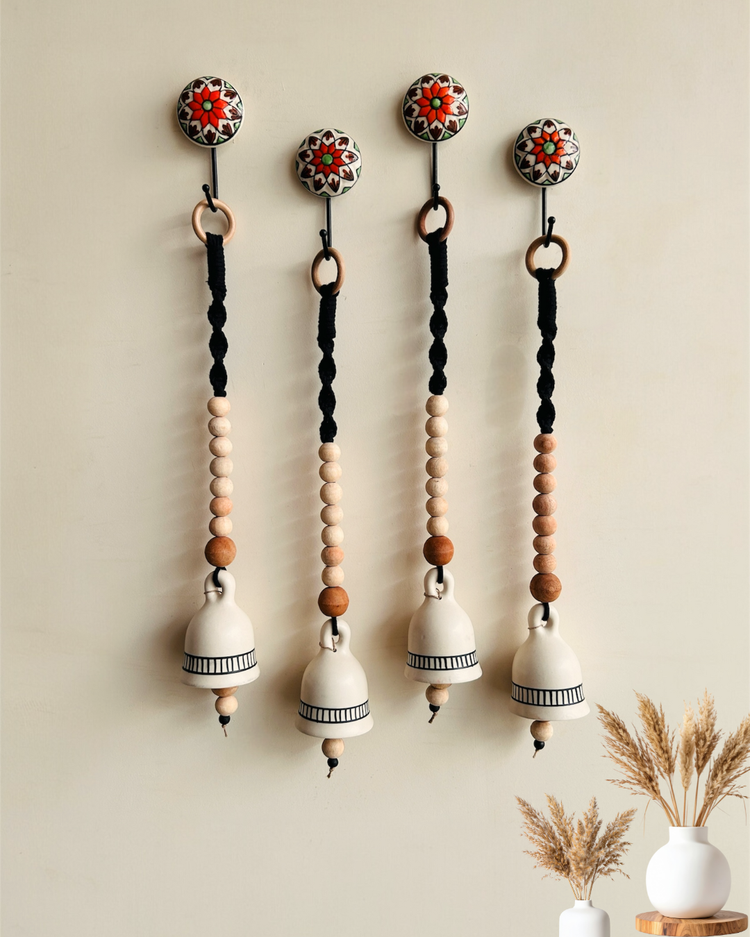 Monochrome Melody | BOHO IVORY Ceramic-Beaded-Macrame | Set of 4 bells with 4 ceramic wall hooks