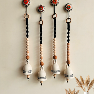 Monochrome Melody | BOHO IVORY Ceramic-Beaded-Macrame | Set of 4 bells with 4 ceramic wall hooks