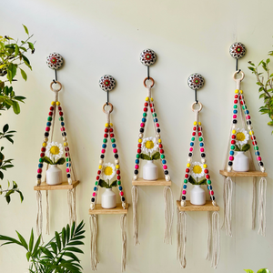 Mac-crochet Collection | Macrame-Colorful Beaded Handmade Wall shelves with crochet flowers in ceramic bottle vases