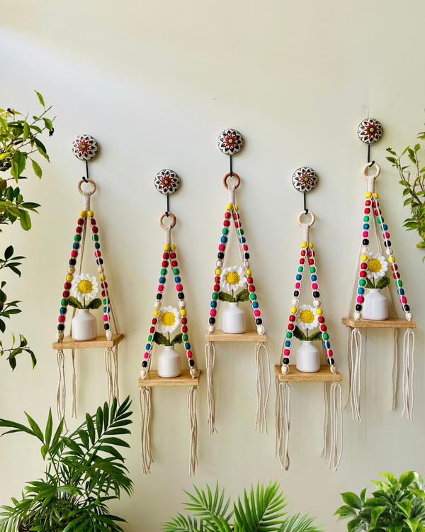 Mac-crochet Collection | Macrame-Colorful Beaded Handmade Wall shelves with crochet flowers in ceramic bottle vases