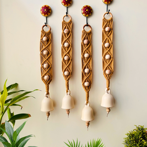 Whispering Knotfall Set of 4 Macrame Ceramic bells with ceramic hooks