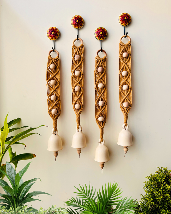 Whispering Knotfall Set of 4 Macrame Ceramic bells with ceramic hooks