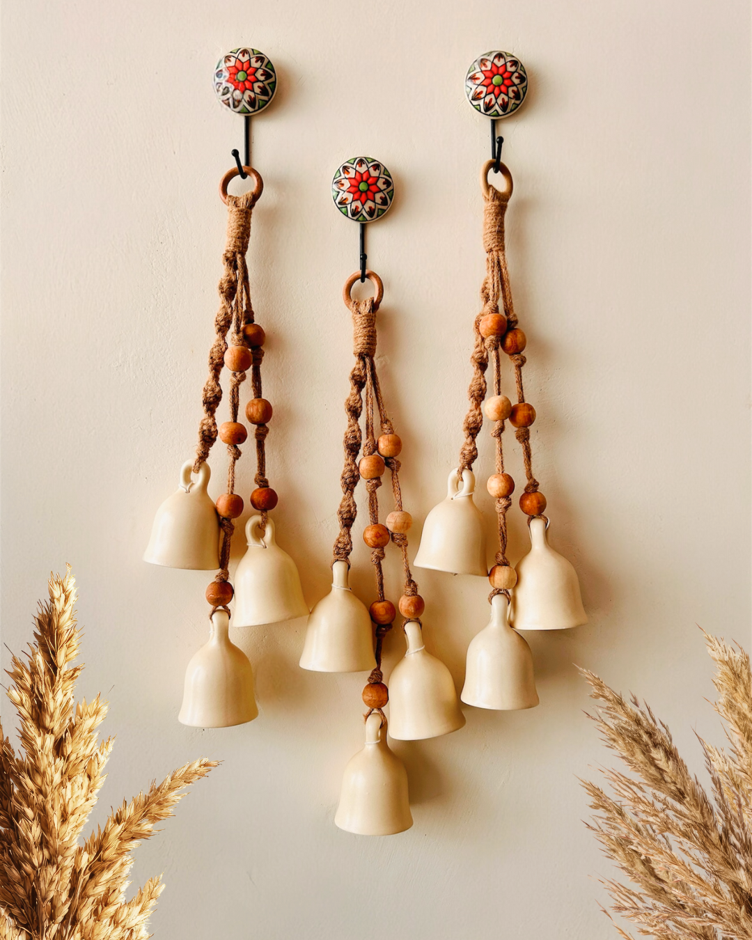 BOHO Ivory Symphony Chimes "Set of 3" | Bunch of 3 (big) bells with one Ceramic Wall Hook