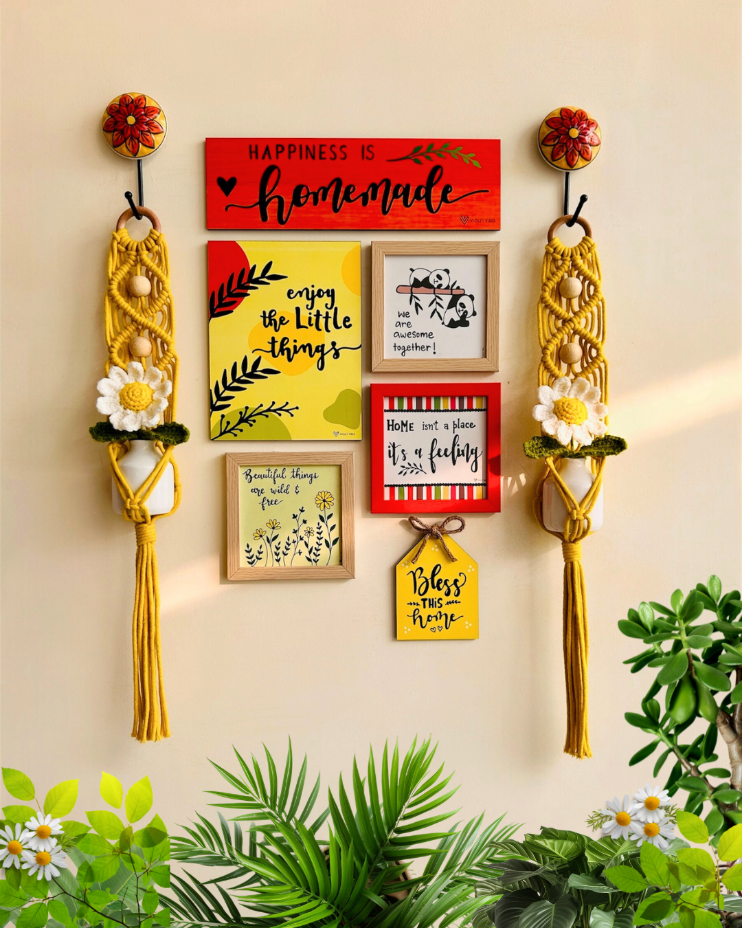 Mac-crochet Collection | Bless This Home wall set up | with macrame hangers and crochet flowers