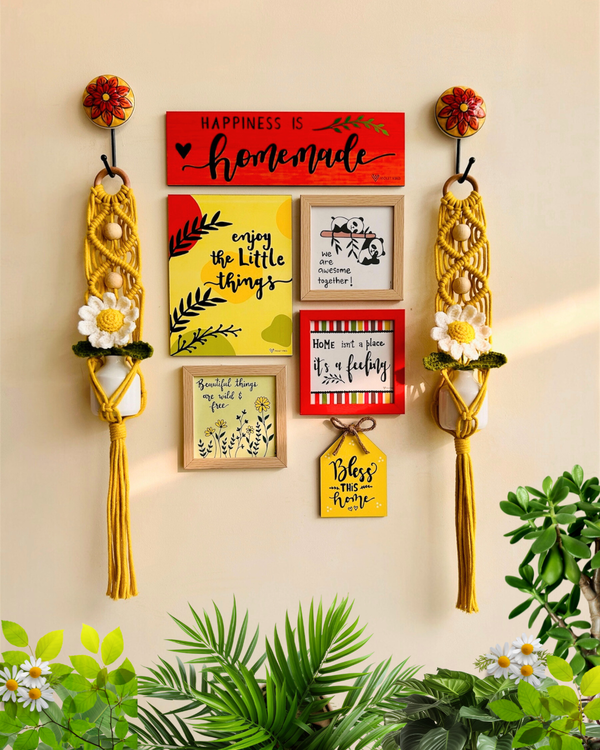 Mac-crochet Collection | Bless This Home wall set up | with macrame hangers and crochet flowers