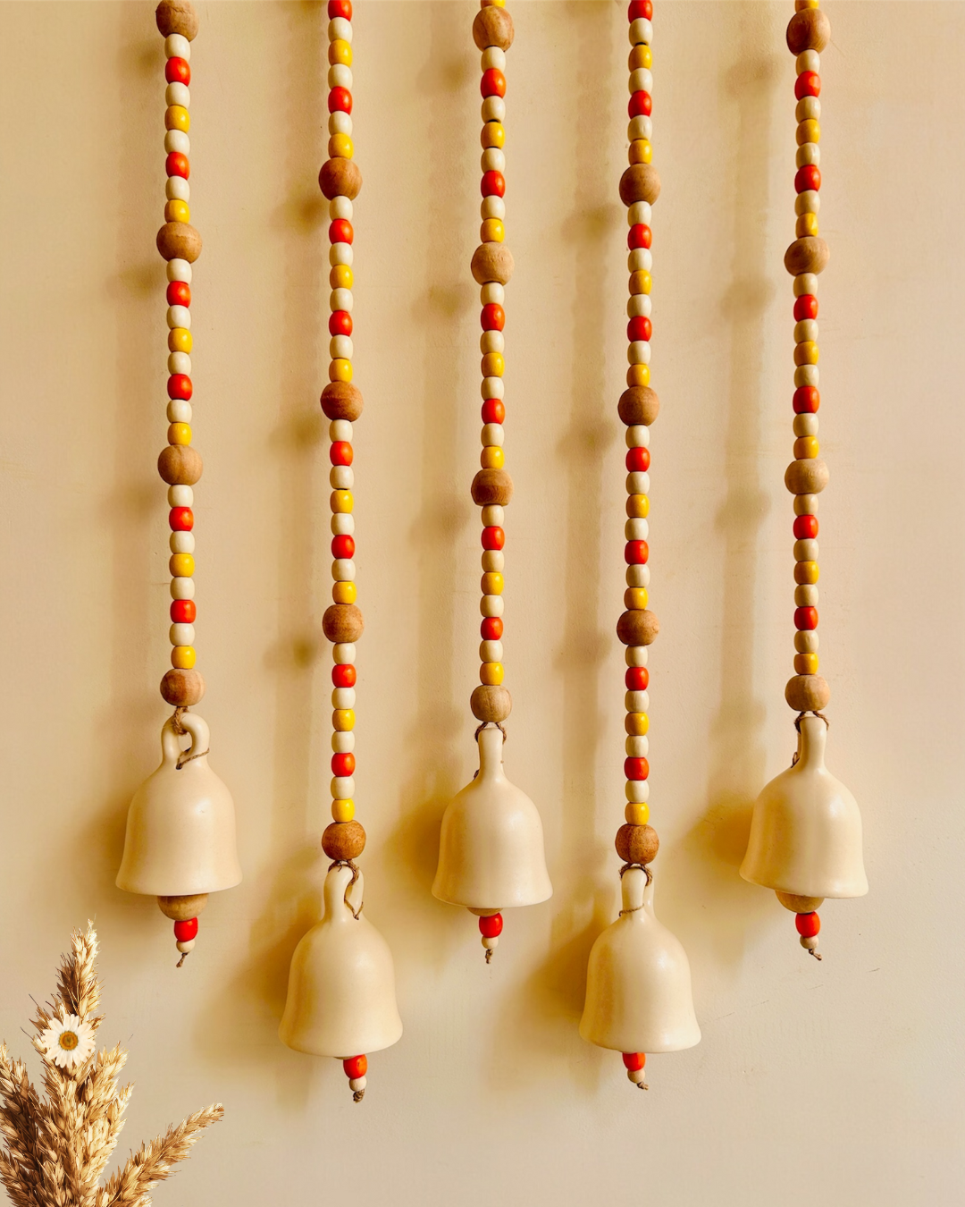 Marigold | Boho Ivory | Backdrop Ceramic Beaded Bells | With ceramic wall hooks | Set of 5