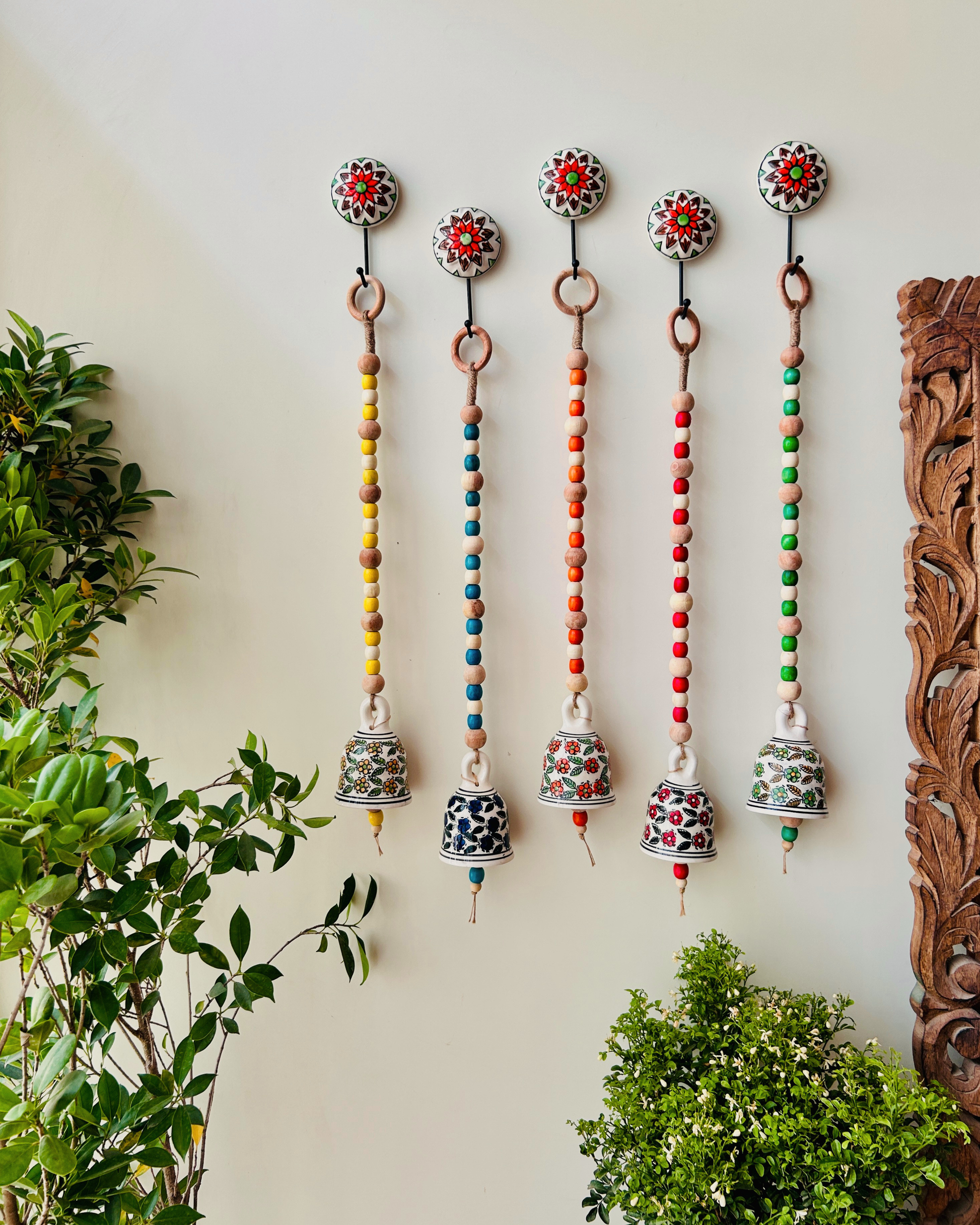 Garden Beaded Ceramic Bells | With Ceramic wall hooks-Floral MULTICOLOR