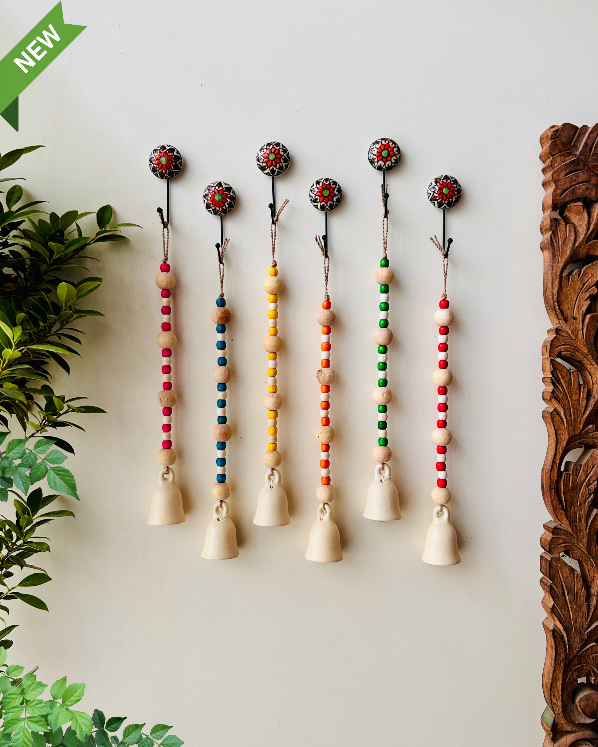 MINI Ceramic Beaded Bells | With Ceramic wall hooks- Ivory MULTICOLOR (Set of 6)