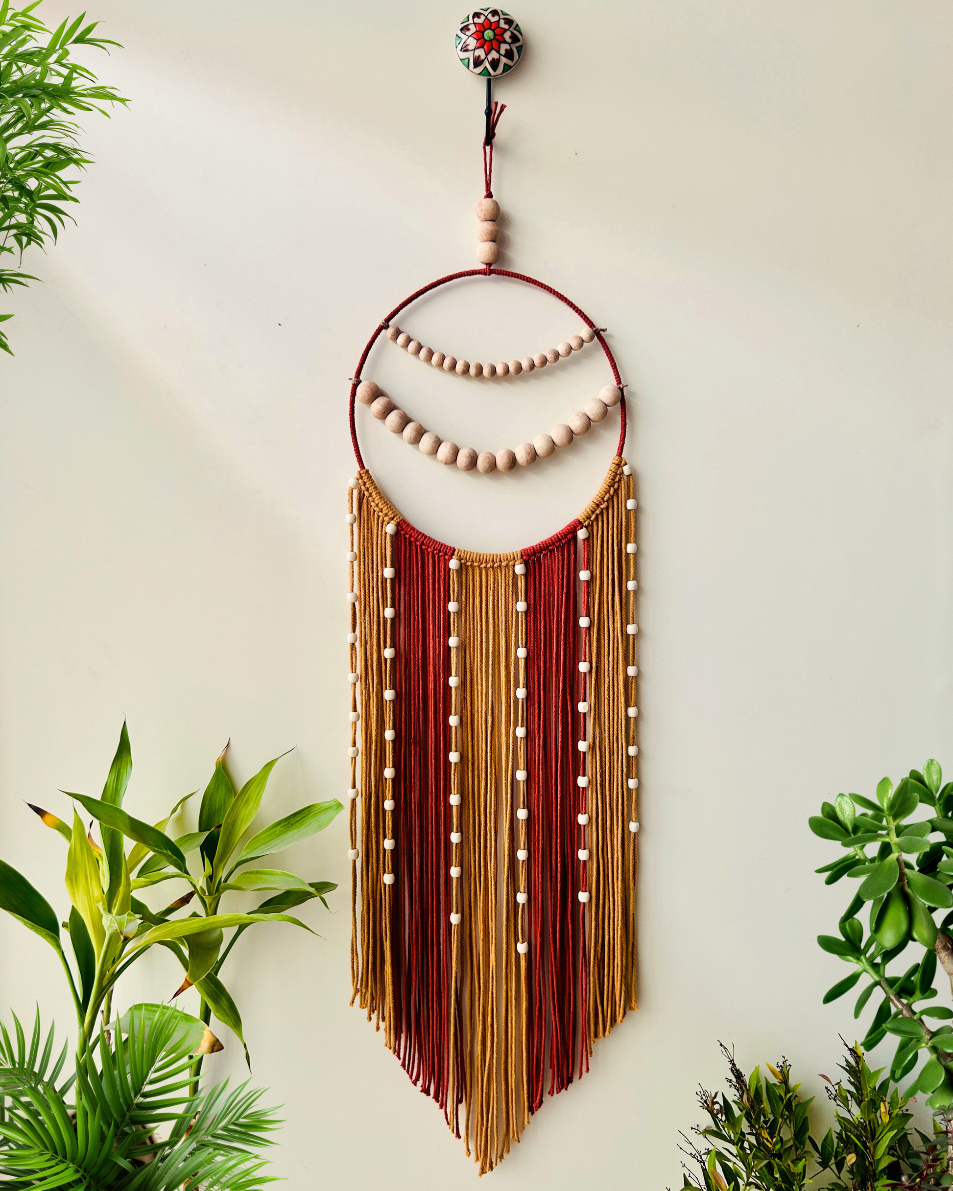Rust & Gold Reverie Macrame Dream Catcher | With one ceramic wall hook