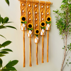 Mac-crochet Collection | Handmade Sunflower Macrame Wall Hanging with hand knitted crochet flowers and ceramic white bottle vases