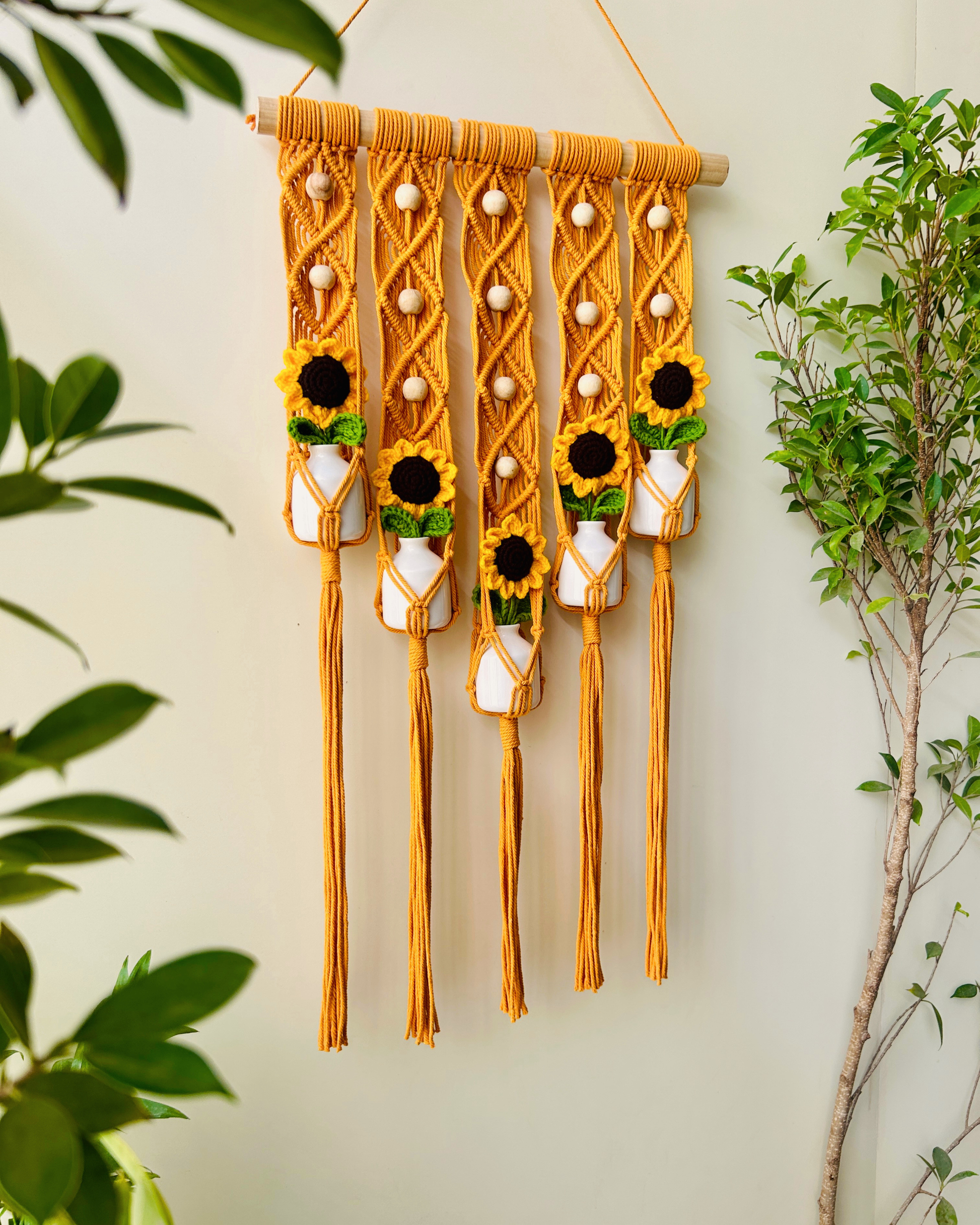 Mac-crochet Collection | Handmade Sunflower Macrame Wall Hanging with hand knitted crochet flowers and ceramic white bottle vases