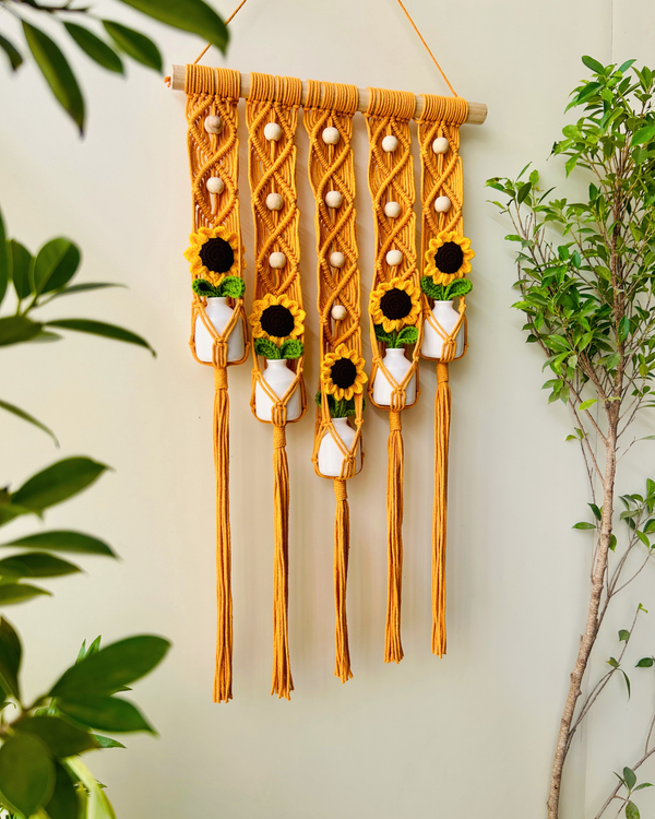 Mac-crochet Collection | Handmade Sunflower Macrame Wall Hanging with hand knitted crochet flowers and ceramic white bottle vases
