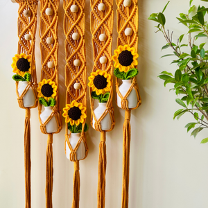 Mac-crochet Collection | Handmade Sunflower Macrame Wall Hanging with hand knitted crochet flowers and ceramic white bottle vases