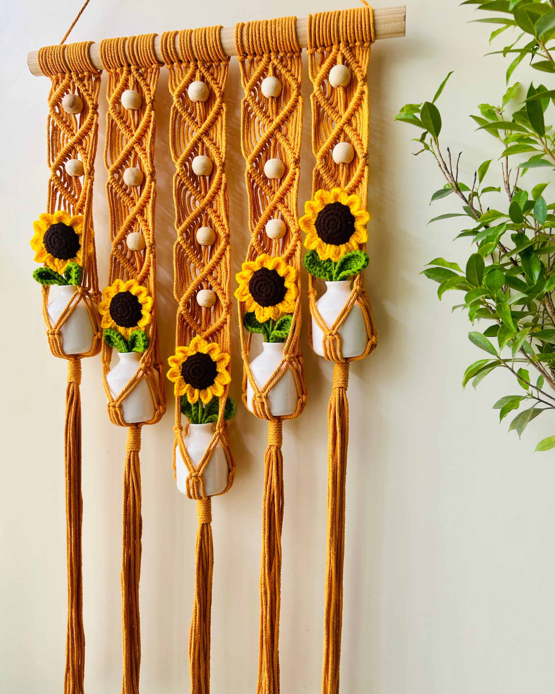 Mac-crochet Collection | Handmade Sunflower Macrame Wall Hanging with hand knitted crochet flowers and ceramic white bottle vases
