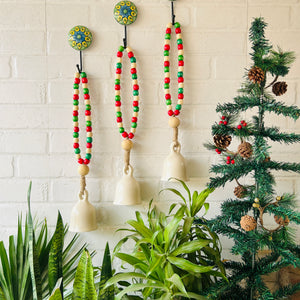 INDIAN ROSE |Handmade Ivory Ceramic Beaded Bells with ceramic hooks | Set of 3