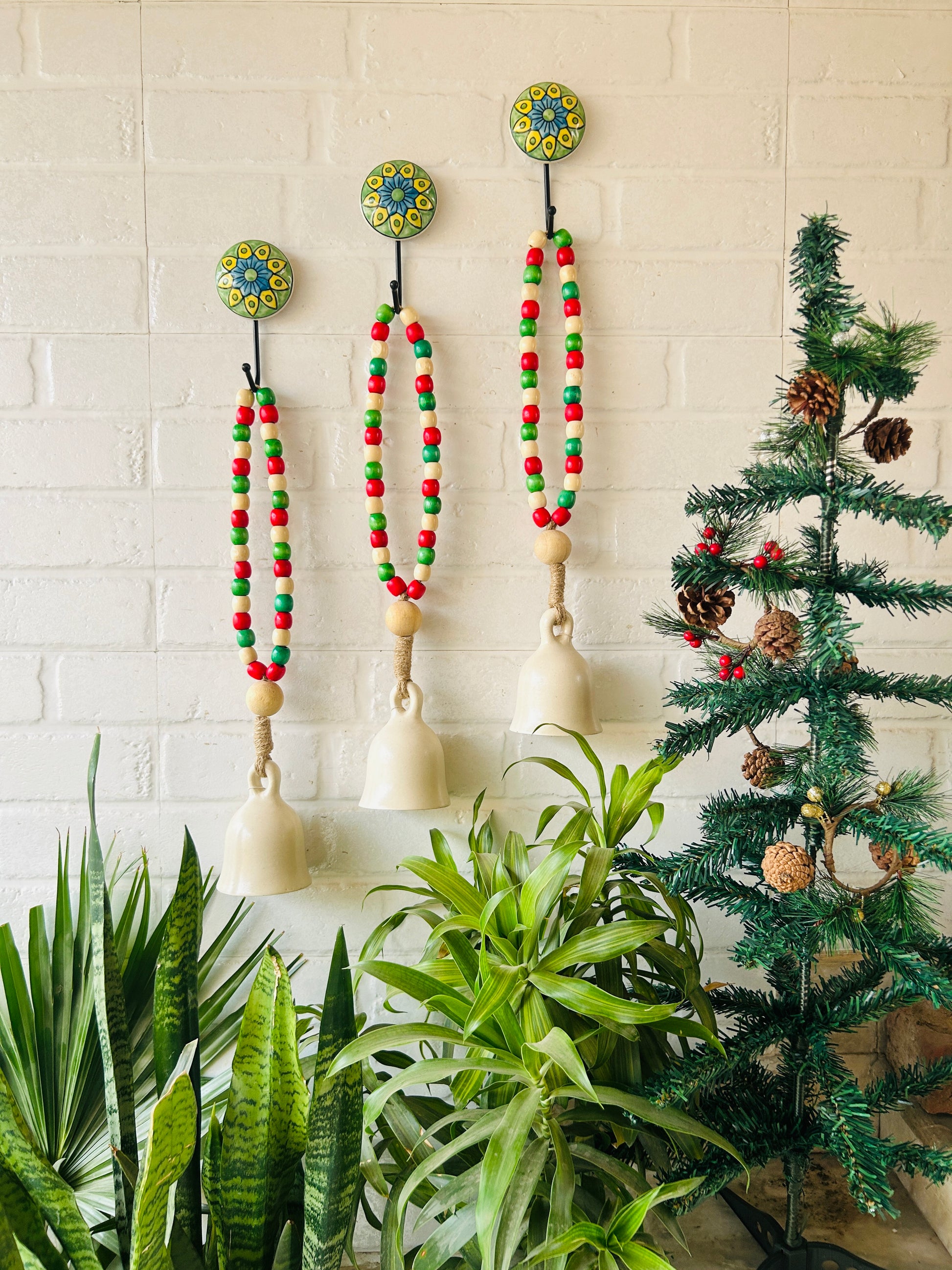 INDIAN ROSE |Handmade Ivory Ceramic Beaded Bells with ceramic hooks | Set of 3