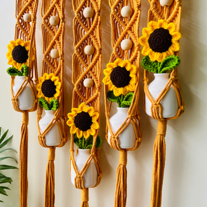 Mac-crochet Collection | Handmade Sunflower Macrame Wall Hanging with hand knitted crochet flowers and ceramic white bottle vases